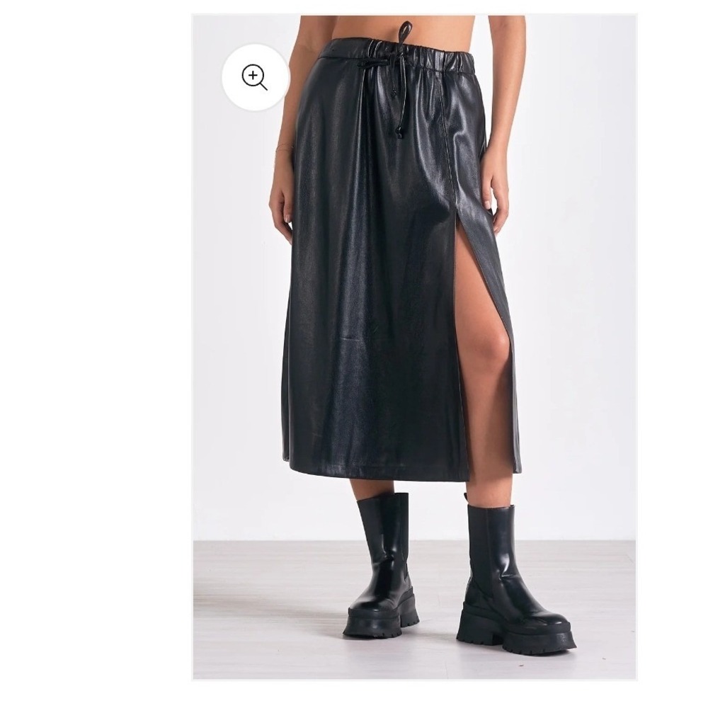 Elan Black Faux Leather Midi Skirt Side Slit Drawstring Waist Small NWT